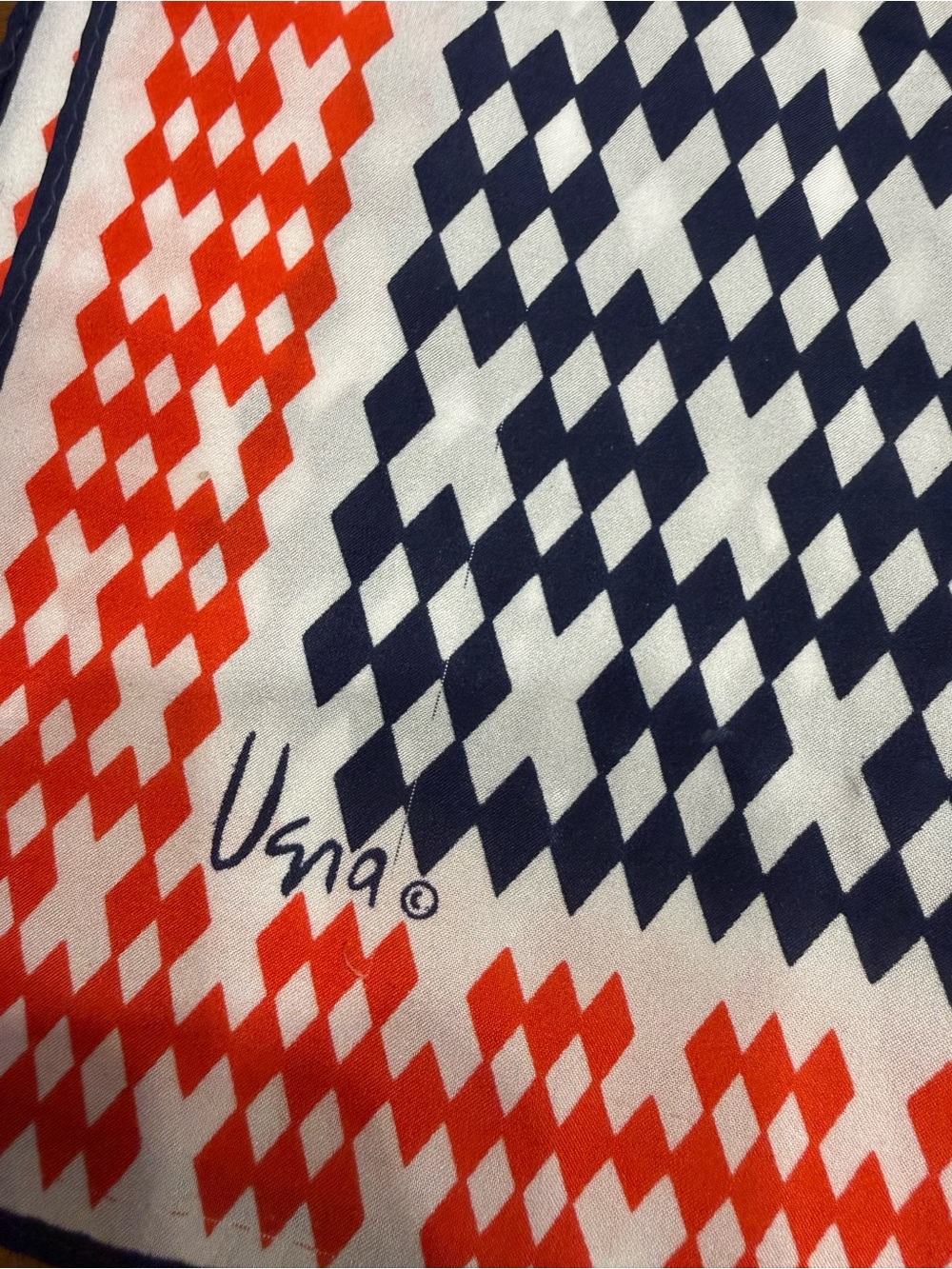 Vera Neumann Vintage Red, Navy & White Geometric Women's Scarf *desc